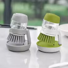 Soap-Dispensing Dish Brush with Drip Tray — One-Press Scrubber for Dishes, Pans & Sink