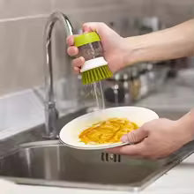 Soap-Dispensing Dish Brush with Drip Tray — One-Press Scrubber for Dishes, Pans & Sink