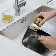 Soap-Dispensing Dish Brush with Drip Tray — One-Press Scrubber for Dishes, Pans & Sink