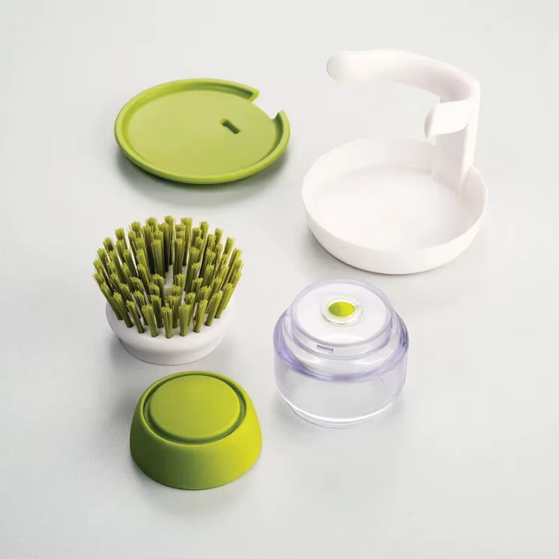 Soap-Dispensing Dish Brush with Drip Tray — One-Press Scrubber for Dishes, Pans & Sink