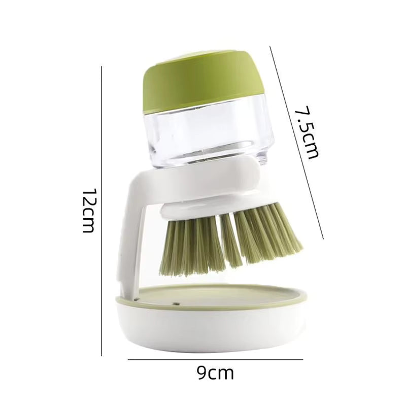 Soap-Dispensing Dish Brush with Drip Tray — One-Press Scrubber for Dishes, Pans & Sink