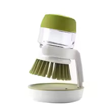 Soap-Dispensing Dish Brush with Drip Tray — One-Press Scrubber for Dishes, Pans & Sink